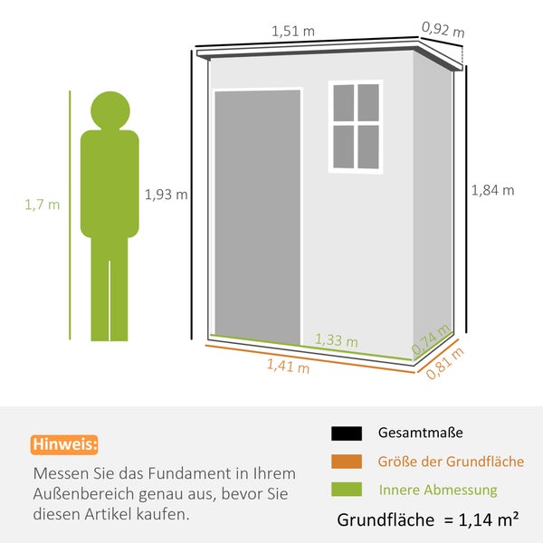 Abmessungen eines Gartenhauses mit Fenster und Tür