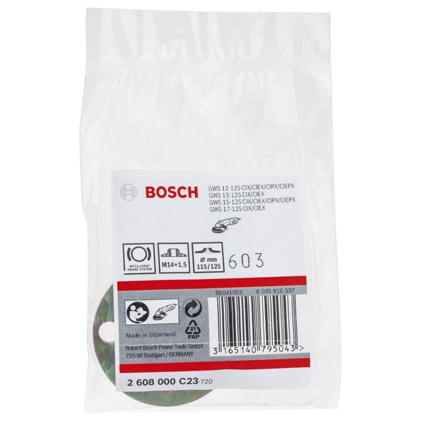 Bosch Logo, Schleifscheibe in Verpackung mit Informationen zu Modellen, Bremssystem, Größe und Herkunft