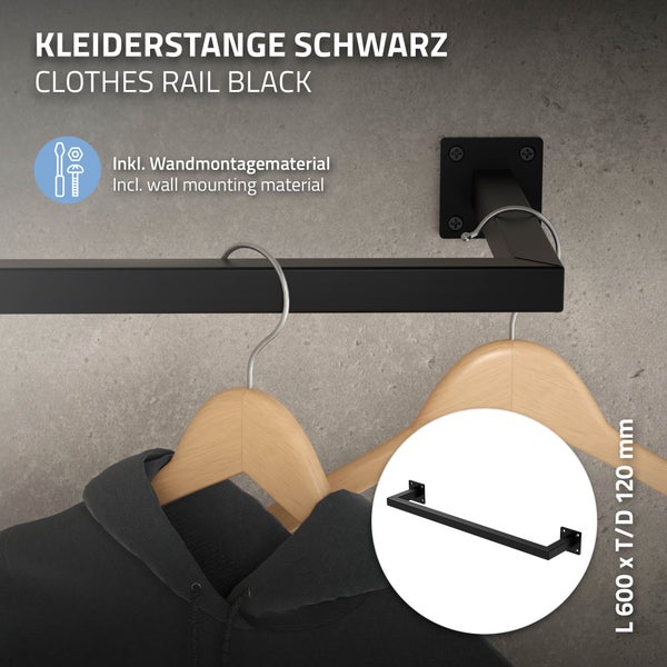 ML-Design 2er Set Kleiderstange Rechteck für die Wand, T12cm x B60cm, Schwarz, aus Stahl, Garderobenstange U-Form, Kleiderständer Wandmontage, Kleidergestell Garderobenhalter, inkl. Montagematerial