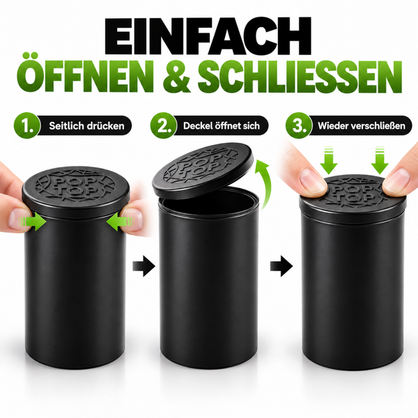 Anleitung zum Oeffnen und Schliessen einer zylindrischen Pop Top Dose durch seitliches Drücken und Aufsetzen des Deckels.