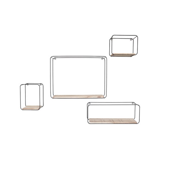 4 rechteckige Wandregale aus schwarzem Metall mit Holzregal