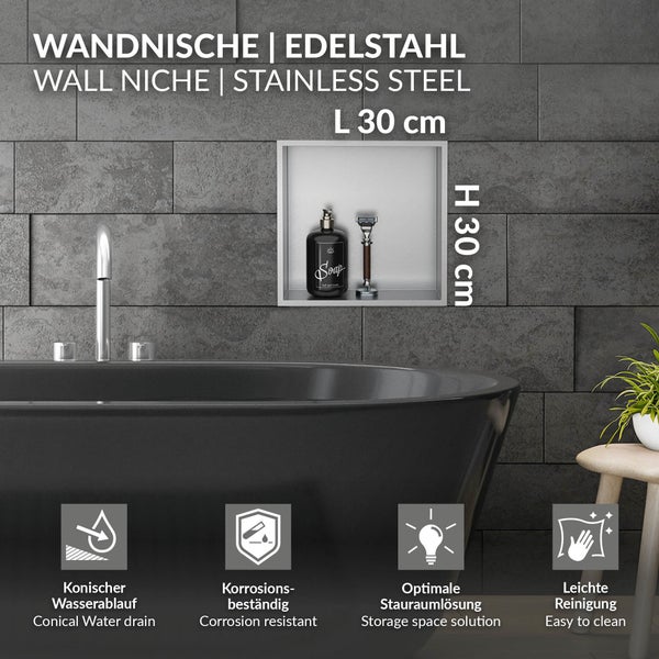 LuxeBath Wandnische aus Edelstahl, 30x30x10 cm, Silber, Duschnische mit Rahmen, Einbauregal, Flexibler Einbau, Befliesbare Nische für Badutensilien, Duschablage, Einzelregal Lagerung für Badezimmer