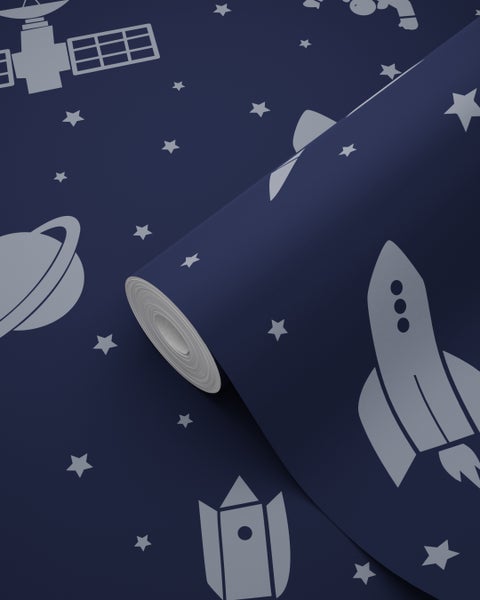 Tapetenrolle mit Weltraummotiven wie Satelliten, Raketen, Planeten und Sternen