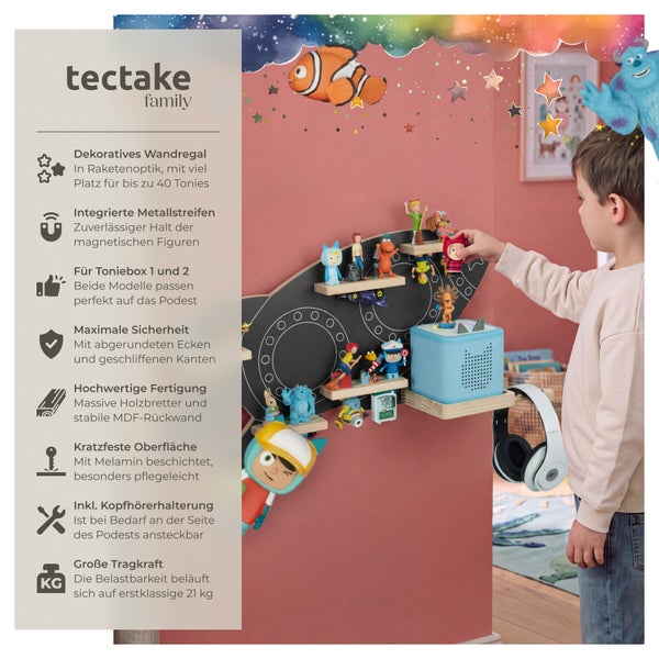 Wandregal für Toniebox in Raketenform mit Magnetstreifen für Spielfiguren und abnehmbarem Kopfhörerhalter aus Holz und MDF für Kinderzimmer.