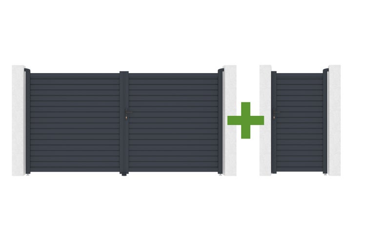 Zweiflügeliges Einfahrtstor und einflügeliges Gartentor aus Aluminium in Anthrazit mit horizontalen Lamellen als Set.