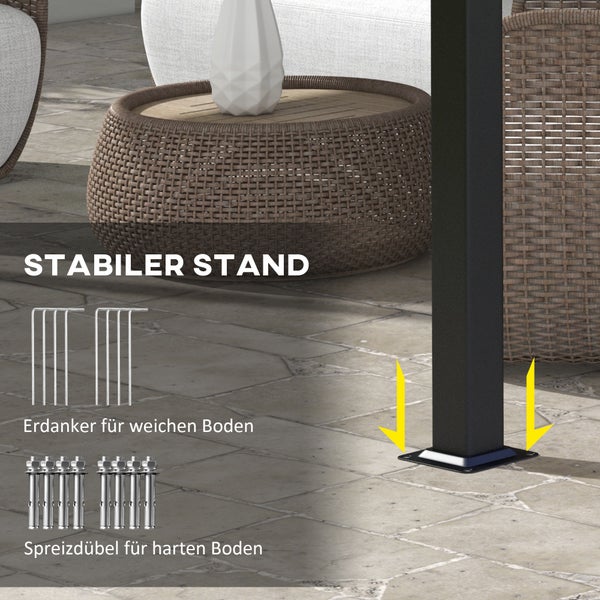 Montageoptionen für einen Pfosten mit Erdankern für weichen Boden und Spreizdübeln für harten Boden für einen stabilen Stand.