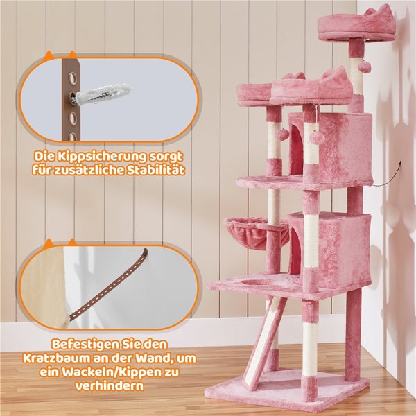 Rosa Kratzbaum mit verschiedenen Ebenen und Befestigungsmaterial für die Wandmontage zur Stabilisierung