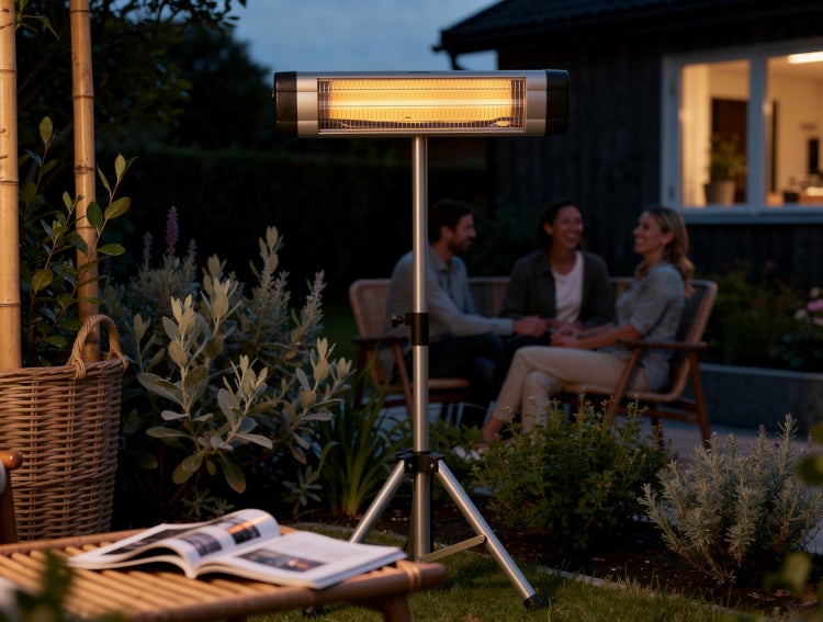 Terrassenszene mit Heizstrahler, Sitzgelegenheiten und entspannten Menschen im Garten