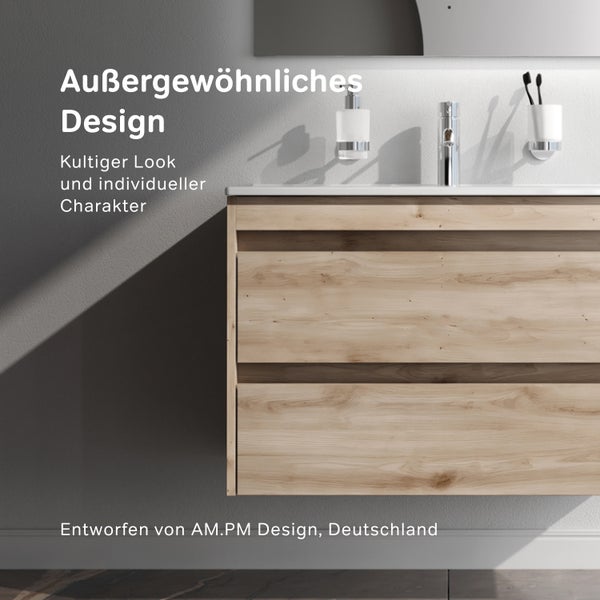 Waschtischunterschrank im Badezimmer mit Waschbecken, Armatur, Seifenspender und Zahnputzbecher