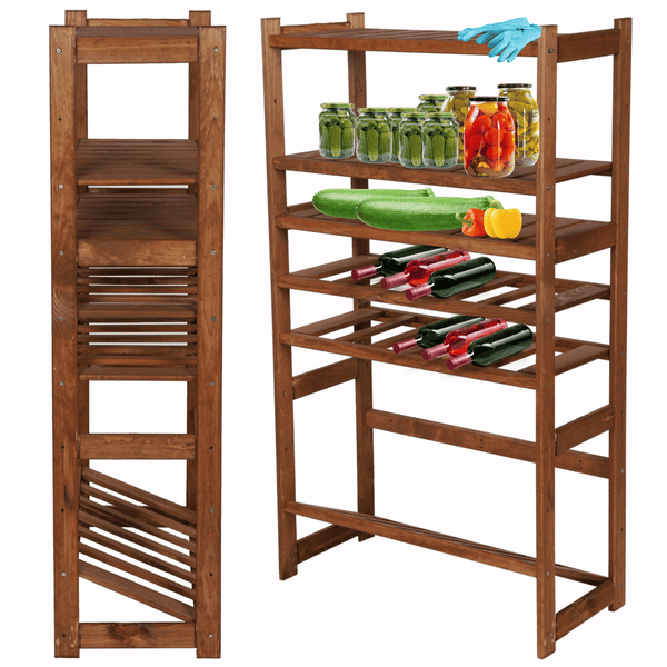 PROREGAL Getränkekisten- & Weinregal SPREEWALD HxBxT 124x70x33cm 12 Flaschen auf 2 Ebenen + 1 Ebene für Kisten + 3 Ablagen Massives Kiefernholz Braun geölt