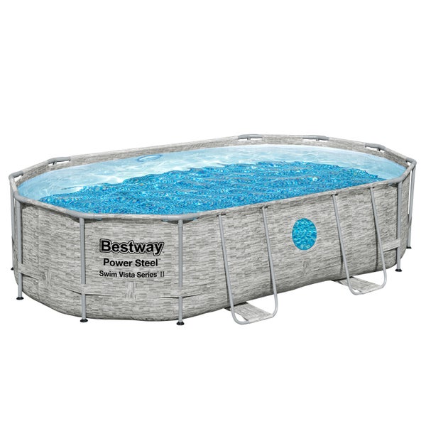 Bestway Power Steel Swim Vista Series II Aufstellpool in Steinoptik, ovaler Gartenpool mit Metallrahmen und Sichtfenster.
