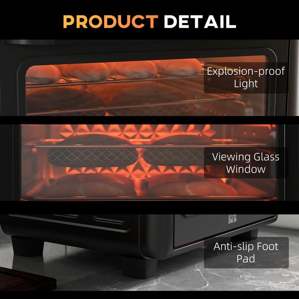 HOMCOM Minibackofen mit Umluft, 13L, mit Backblech, 40 °C-220 °C, mit 12 Programmen, 12h Timer, 1500W, 33,5L x 32B x 32,5H cm, Edelstahl, Schwarz