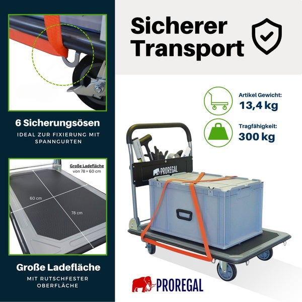 PROREGAL Logo. Plattformwagen: sicherer Transport, Traglast 300 Kilogramm, 6 Sicherungsösen, Ladefläche 78 mal 60 Zentimeter, Gewicht 13,4 Kilogramm.