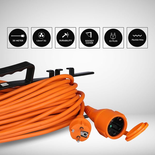 30 Meter langes orangefarbenes Verlängerungskabel, 1,5 Quadratmillimeter, EU-Stecker, Steckdose mit Klappdeckel, schwarzer Griff und Symbole für Flexibilität.
