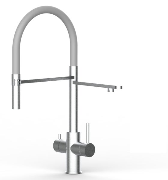 5 Wege Wasserhahn Küchenarmatur, Edelstahl Massiv mit 360° schwenkbarem Auslauf, abnehmbare 2 strahl Handbrause, Gebürstet / Grau