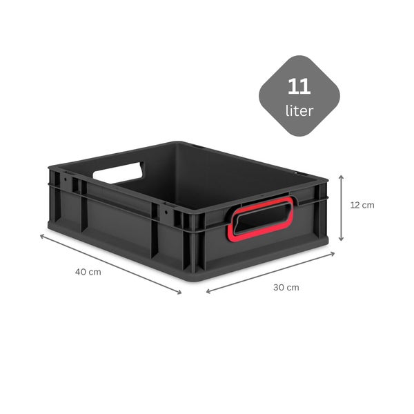 PROREGAL SuperSparSet 10x Eurobox NextGen Color mit Scharnierdeckel und Schiebeschnappverschlüssen, HxBxT 12x30x40cm, 11 Liter, Schwarz, Griffe rot offen, Eurobehälter, Transportbox, Transportbehälter, Stapelbehälter
