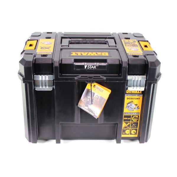 DeWalt TSTAK Werkzeugkoffer DCS572NT aus robustem Kunststoff mit Tragegriff und stabilen Metallverschlüssen.