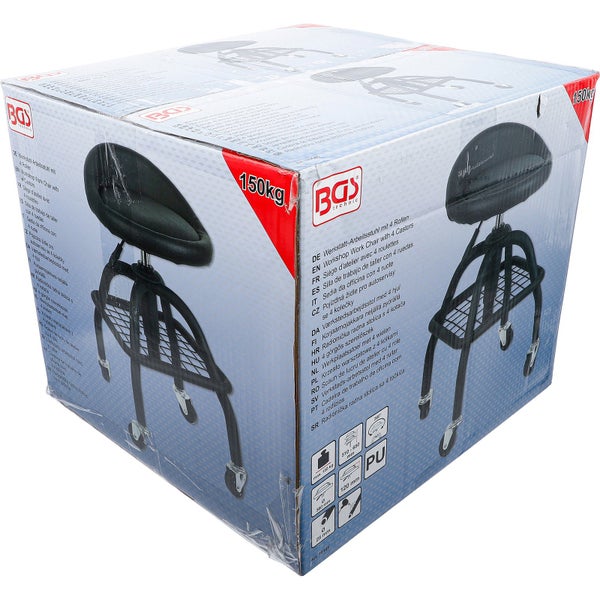 Verpackter Werkstatt-Arbeitsstuhl mit vier Rollen der Marke BGS technic, maximale Belastbarkeit 150 Kilogramm