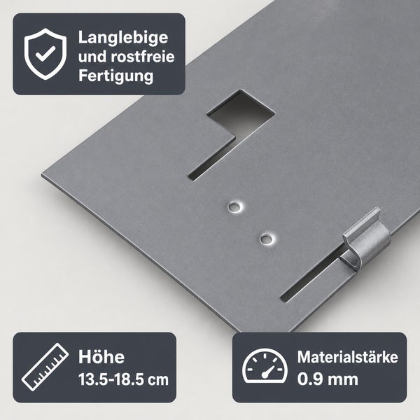 Rostfreie Edelstahlbefestigung mit 0,9 Millimeter Materialstärke und verstellbarer Höhe von 13,5 bis 18,5 Zentimeter für eine langlebige Montage.