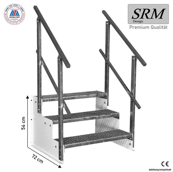 Dreistufige Metalltreppe mit Geländer, SRM Design Logo, EN 1090-1 Zertifizierung, CE Kennzeichnung, 54 Zentimeter hoch, 72 Zentimeter breit.