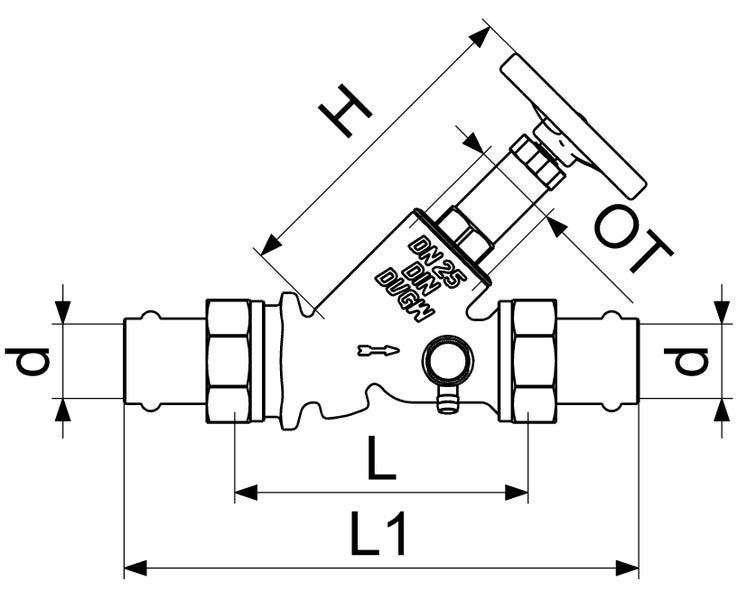 Technische Zeichnung eines Schrägsitzventils mit Pressanschlüssen und Maßen für Länge, Höhe und Durchmesser.