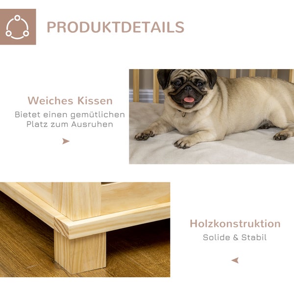 Pawhut Hundekäfig, Tierkäfig aus Holz, Haustierkäfig für mittelgroße Hunde, Hundehütte mit Kissen, Hundebox, Indoor, Naturholz+Cremeweiß, 82,5 x 57 x 72 cm