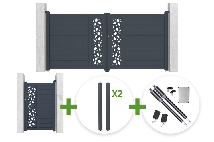Aluminium-Einfahrtstor-Set mit Doppeltor, Gartentür, zwei Pfosten und elektrischem Drehtorantrieb inklusive Fernbedienungen.
