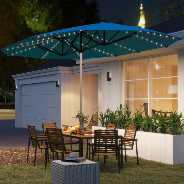Outsunny Doppelsonnenschirm mit Solar LED Lichtern 451x267 cm Aluminium UV 50+ Sonnenschirm mit Handkurbel, Balkonschirm windfest Marktschirm Sonnenschutz für Strand Balkon Garten, Blau