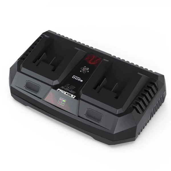 Güde Doppel-Schnellladegerät LG 2-18-30 PRO VOLT für Akkus, Kunststoffgehäuse mit zwei Ladeschächten und LED-Anzeigen.