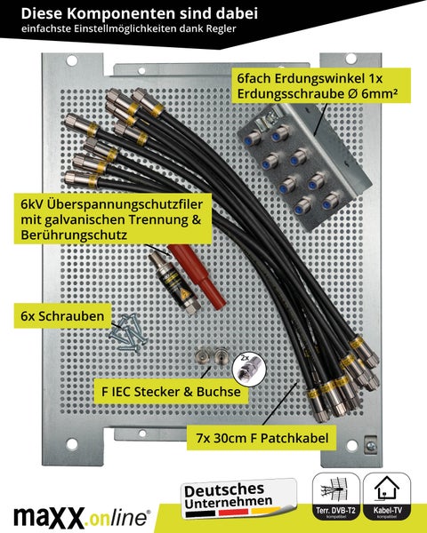 8 Teilnehmer Lochblech Montageplatte Set für Kabel TV Antennenverstärker, Sat- / Kabel Verteiler inkl. F-Stecker Koaxialkabel Patchkabel, Kabelfernsehen Überspannungschutz, Erdungsblock