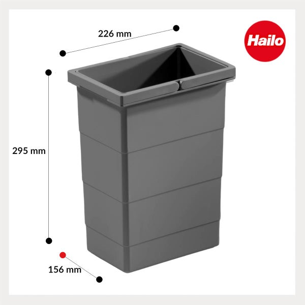 Grauer Mülleimer-Einsatz aus Kunststoff, Maße 295 Millimeter Höhe, 226 Millimeter Breite, 156 Millimeter Tiefe. Hailo Logo.