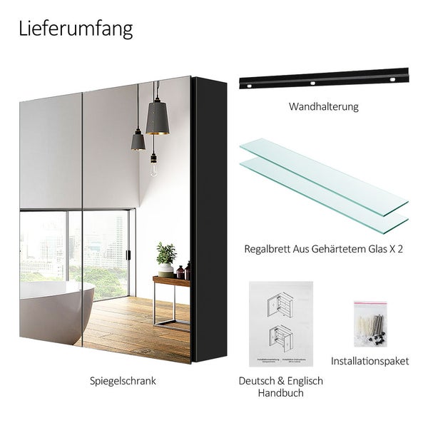 Lieferumfang des Spiegelschranks bestehend aus Schrank mit zwei Spiegeltüren, zwei Glasböden, Wandhalterung, Montagematerial und Handbuch.