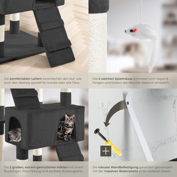 Details eines Katzenkratzbaums mit Leitern, Spielzeugmäusen, Höhlen und Wandbefestigung.