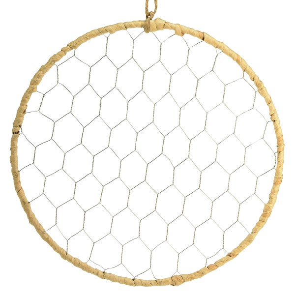 Runder Metall-Drahtrahmen mit Bast-Umwicklung und Aufhängung