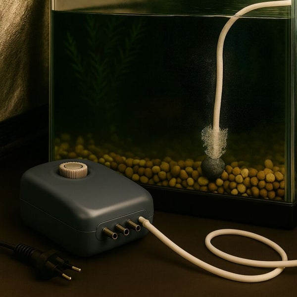 Aquarium mit Luftpumpe, Schlauch und Ausströmer