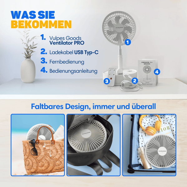 Vulpes Goods Faltbarer Tischventilator - Stativventilator - Bodenventilator - Mit Fernbedienung - Verstellbar - 12dB