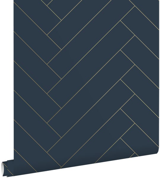 ESTAhome Tapete Fischgrätmuster Dunkelblau und Gold - 53 cm x 10.05 m - 139309