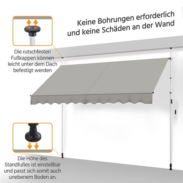 Graue Klemmmarkise mit rutschfesten Fußkappen und einstellbarer Höhe