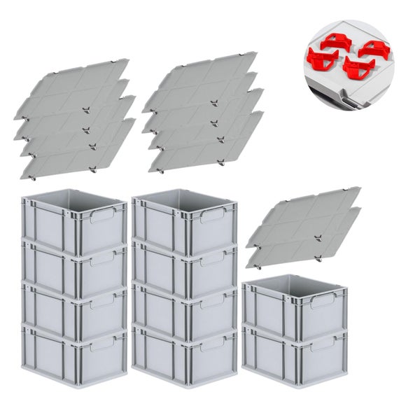 PROREGAL Spar Set 10x Eurobox Nextgen Economy Mit Auflagedeckel & 4x Schiebeschnappverschlüsse Rot Griffe Geschlossen HxBxT 22 x 30 x 40 cm 20 Liter
