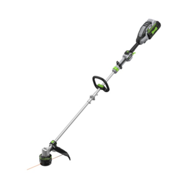 Akku-Rasentrimmer mit verstellbarem Rundgriff, geradem Schaft und Schneidkopf mit Trimmerfaden.