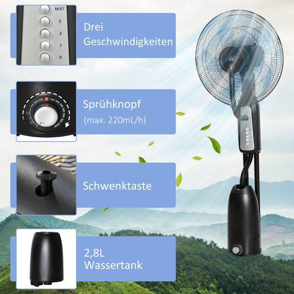HOMCOM Standventilator mit 2,8 Liter Wasserkühlung 90 W Ventilator mit Nebelfunktion Lüfter Verstellbarer Neigungswinkel Metall Schwarz+Silber Höhe 120 cm
