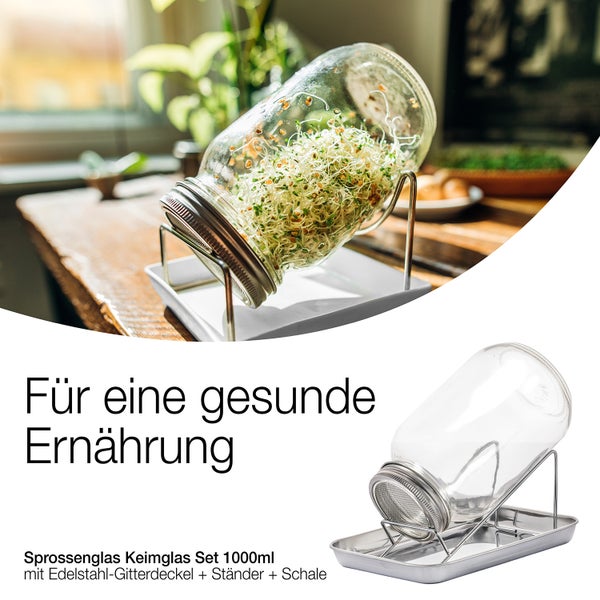 1000 ml Sprossenglas Keimglas Set mit Edelstahldeckel, Ständer und Schale