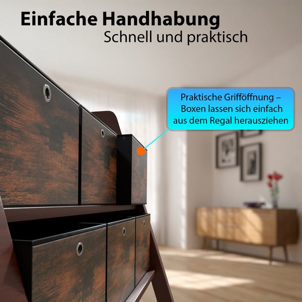 Regal mit Aufbewahrungsboxen und Metallöse für einfaches Herausziehen aus dem Regal in einem Wohnraum.