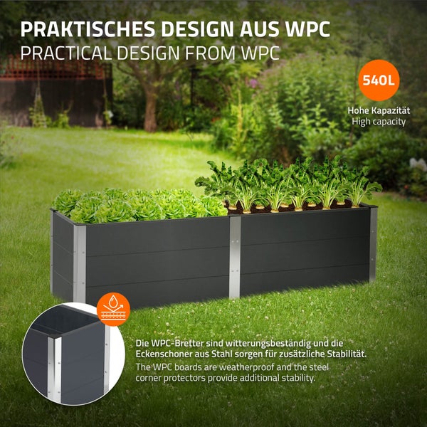 ML-Design Hochbeet aus WPC, 200x50x54 cm, Anthrazit, für Innen & Außen, wetterfest, Unterseite Offen, Garten Pflanzkübel Pflanzbeet Pflanzkasten Blumenkasten Blumenbeet Gemüsebeet Gartenbeet Frühbeet