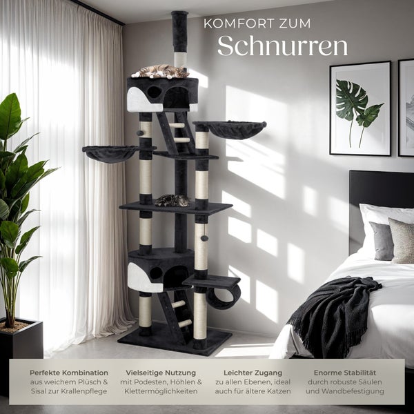 Kratzbaum tectake Hansi inklusive 2 Treppen, 2 Spielbällen, Deckenspanner und Kippschutz 243 bis 260 cm schwarz/weiß