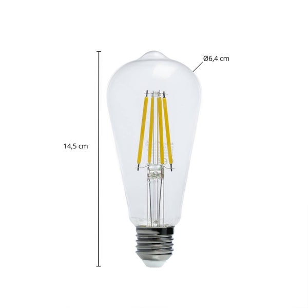 LED-Filament-Leuchtmittel in Edison-Form aus klarem Glas mit E27-Sockel. Die Höhe beträgt 14,5 Zentimeter und der Durchmesser 6,4 Zentimeter.