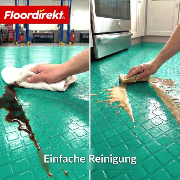 Bodenreinigung mit einem Lappen und einem Schwamm auf einem Garagenboden von Floordirekt