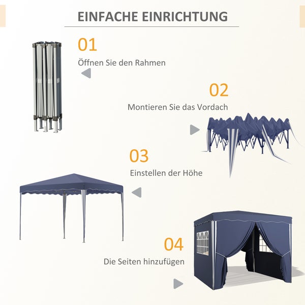 Outsunny Faltpavillon ca. 3 x 3 m, Pavillon mit Seitenwänden, Fenster, Festzelt， Gartenpavillon mit UV-Schutz, Partyzelt mit Tragetasche, für Terrasse, Balkon, Blau