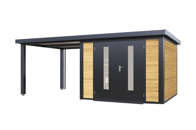 Moderne Kombination aus Gerätehaus und Carport mit Flachdach, Materialmix aus Metall und Holz, Doppelflügeltür mit Glaseinsätzen.
