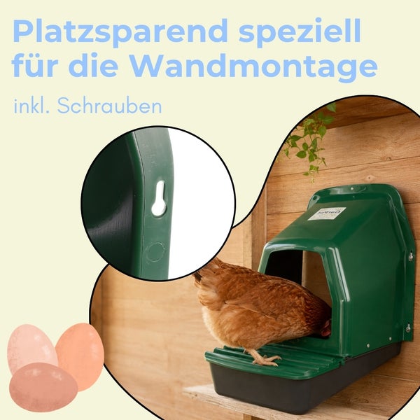 Grünes Legenest aus Kunststoff für Hühner zur Wandmontage inklusive Schrauben, mit Huhn und Detailansicht der Aufhängung.